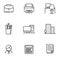 Set of office related icon line such as printer, desk and more