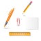 Set of office tools, pen, pencil, paper clip, ruler, paper on white background with shadows