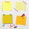 Set office Yellow paper note with sticky tape, isolated on transparent background. Template for your projects. Vector illustration