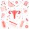 Set og menstruation objects - pads, tampons, pills, tests in cartoon style on white background, female hygiene products