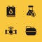 Set Oil drop with dollar symbol, Canister for gasoline, pipe valve and petrol test tube icon with long shadow. Vector