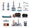 Set of oil industry facilities and machinery, flat vector illustration isolated.