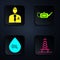Set Oil rig with fire, Businessman or stock market trader, Oil drop and Canister for motor oil. Black square button