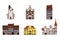 Set of old buildings houses, facades, Europe, medieval traditions. Different architectural styles. Vector illustration