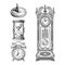 Set of old clocks. Sundial, Hourglass, Alarm clock Antique grandfather pendulum clock. Vector illustration.