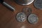 Set of old coins to perform coin magic including a walking libery and an eagle half dollar and a east Africa ten cents coin