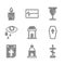 Set Old crypt, Grave with cross, Coffin, Calendar death, Tear eye, Christian chalice and Burning candle icon. Vector