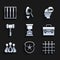 Set Old hourglass, Police badge, Prison window, Briefcase, Money bag, Judge gavel, Head with law and icon. Vector