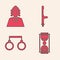 Set Old hourglass with sand, Judge, Police rubber baton and Handcuffs icon. Vector