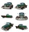 Set old restored pickup. Pick-up in the style of hot rod. 3d illustration. Green car on a white background.