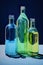 set of old vintage colorful bottles with liquid, chemistry or perfumery