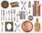 Set of old and wooden items. Silverware, kitchen accessories. spoons, forks, books, milk can, teapot, picture frames, board