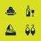 Set Olives on plate, Earrings, Yacht sailboat and Wine bottle with glass icon. Vector