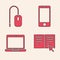 Set Online book, Computer mouse, Mobile phone and Laptop icon. Vector