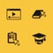 Set Online play video, Graduation cap on globe, quiz, test, survey and book icon with long shadow. Vector