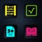 Set Open book, Abacus, Test or exam sheet and Square root. Black square button. Vector