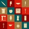 Set Open matchbox and matches, Refrigerator, Fork, Bowl, Kitchen apron, Measuring cup, Rolling pin and Oven icon. Vector