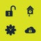 Set Open padlock, Cloud computing, Time Management and Retro wall watch icon. Vector