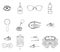 Set optometry elements isolated on white background. Collection medical equipment phoropter, eyeglasses, laser eye, eyes, lenses,