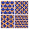 Set of orange blue optical illusion seamless patterns of moving sickles, arrows, crosses and clouds shapes