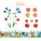 Set of orange, blue and red flowers. Poppies, tulips, roses,lilies, blue bells. Seamless floral border