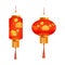 A set of orange Chinese lanterns. With lotus pattern. Round and cylindrical shape. Isolated on white background