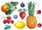 Set orange, lemons, pineapple, raspberries, cherries and strawberry, isolated white background, watercolor illustration