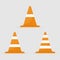 Set of orange plastic traffic cones icon