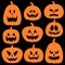 Set of orange pumpkins. Jack-o-Lantern on black background. Emotional face expression. Autumn Halloween holiday symbols and decor