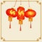 A set of orange-red Chinese lanterns picture of the cherry blossoms and a rooster.