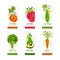 Set of organic vegetable juice labels. Pumpkin, tomato, cucumber, broccoli, avocado, carrot badges vector illustration