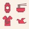 Set Origami bird, Japanese paper lantern, Asian noodles in bowl and chopsticks and Japanese costume Kimono icon. Vector