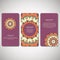 Set of ornamental cards, flyers with flower mandala in violet, o