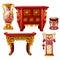 Set of ornate furniture in oriental style isolated on white background. Red floor vase, table with gold ornament