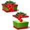 Set of ornate gift boxes with red lid tied with ribbon bow decorated with Holly leaves and Christmas baubles isolated on