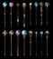 A set of ornate wizard\\\'s staffs, crafted with metal and topped with magical stones of various colors, isolated on black.