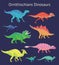 Set of ornithischian dinosaurs. Colorful vector illustration of dinosaurs isolated on blue background. Side view