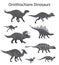 Set of ornithischian dinosaurs. Monochrome vector illustration of dinosaurs isolated on white background. Side view