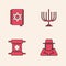 Set Orthodox jewish hat, Jewish torah book, Hanukkah menorah and Torah scroll icon. Vector