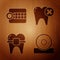 Set Otolaryngological head reflector, Dentures model, Teeth with braces and Tooth with caries on wooden background