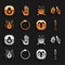 Set Ouroboros, Magic stone, Burning candle, Aries zodiac, Spider, Witch cauldron, Mars and Hamsa hand icon. Vector