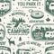 Set of outdoor adventure seamless pattern, background. Vector. Seamless camping pattern with RV Motorhome, camping