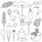 Set of outdoor recreation. Sketch. Collection of barbecue vector illustrations. Bonfire, basket, corn, steak.