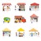 Set outdoor street food festival canopy tent pavilion shopping stall kiosk with people walking between vans or caterers