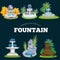 Set of outdoors fountain for gardening, spring and summer plants around garden waterfall, autumn back yard decorative