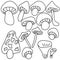 Set of outline doodle mushrooms, coloring page with various types and forms of mushrooms, vector hand draw illustration