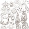 Set outline drawing with the spacecraft. Different types of shuttles and flying saucers. Illustration for coloring