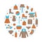 Set of outline isolated vector icons. Home stuffs, food, clothes shoes toys. Cutout silhouette poster for shopping. Flat round