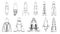 Set of outline space rockets isolated on white. Vector