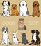 Set of outlined cute and simple dogs sitting in front view